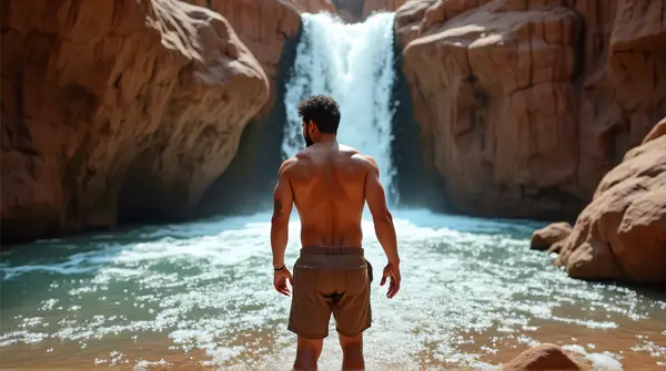 A man wearing brown shorts stands on textured brown rocks beside flowing water streams in natural daylight.