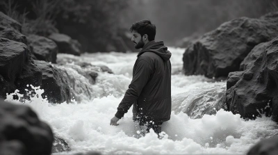 Man By Flowing Water With Rugged Terrain