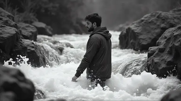 Grayscale image of a man standing beside flowing water streams with textured stone surfaces and dynamic spray around.
