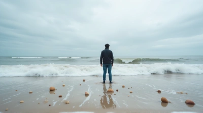 Man By Shoreline With Seashells And Cloudy Sky