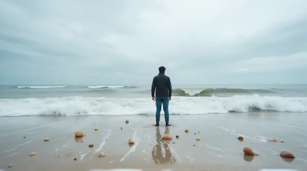 A man stands at the water's edge with waves lapping nearby and seashells scattered on wet sand under a cloudy sky.