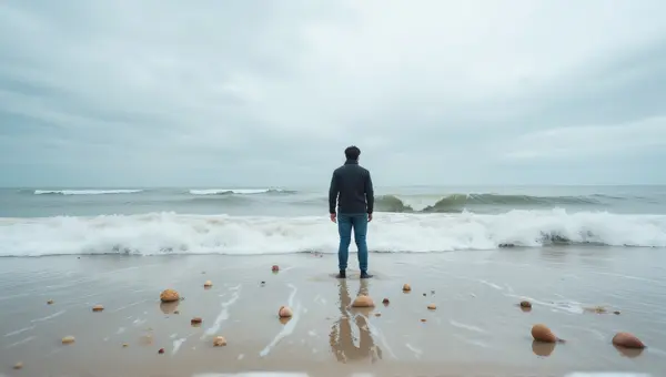 Man By Shoreline With Seashells And Cloudy Sky
