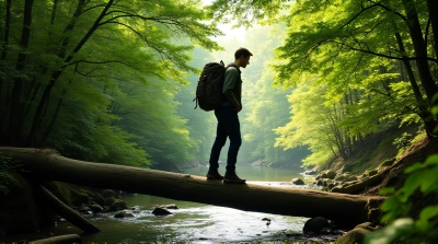 Man Carrying Rucksack Crossing Stream On Log