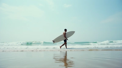Man Carrying Surfboard Along Coastal Horizon
