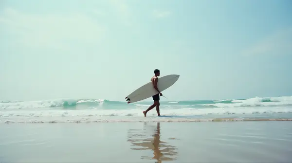 Man Carrying Surfboard Along Coastal Horizon