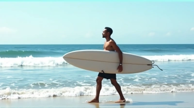 Man Carrying Surfboard Along Ocean Coastline