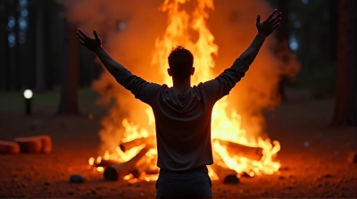 Man Celebrating Campfire Adventure With Arms Raised