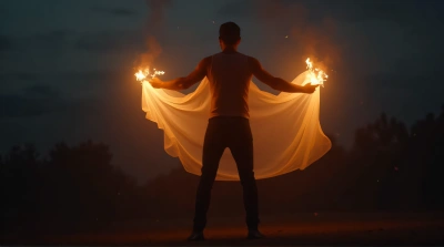 Man Clasping Glowing Ember Sheet Under Dim Sky
