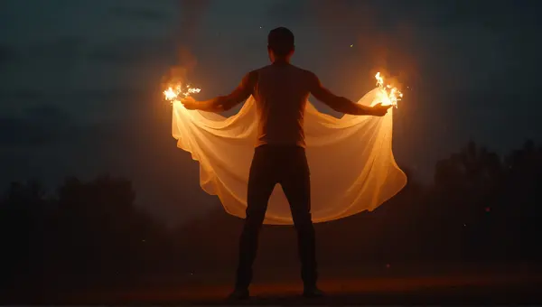 Man Clasping Glowing Ember Sheet Under Dim Sky