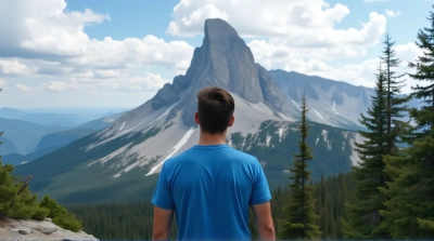Man In Cobalt Shirt Gazing At Rugged Peak