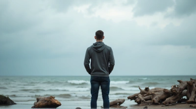 Man Contemplating Horizon Near Water Under Cloudy Sky