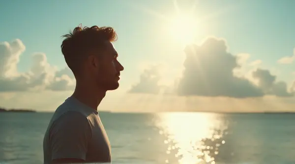 Profile of a man looking over a vast lake with white clouds and warm amber light in the sky