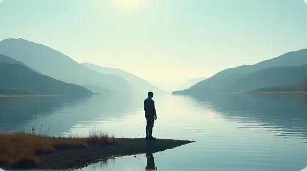 A solitary man stands by a calm riverbank, gazing across the reflective water under an expansive sky framed by distant hills.