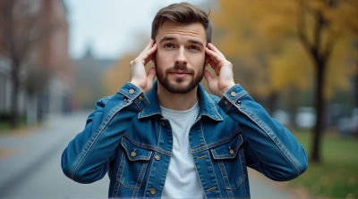 Man Covering Ears Outdoors Expressing Stress