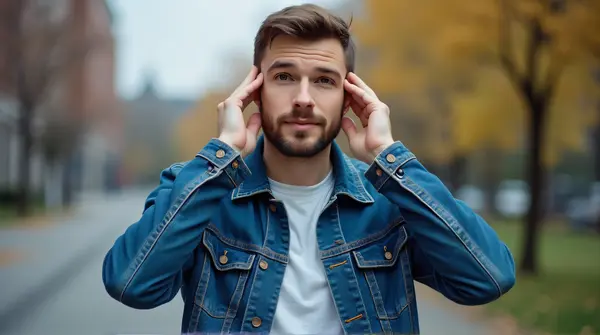 Man Covering Ears Outdoors Expressing Stress