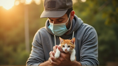 Man Cradling Cat With Protective Mask Outdoors