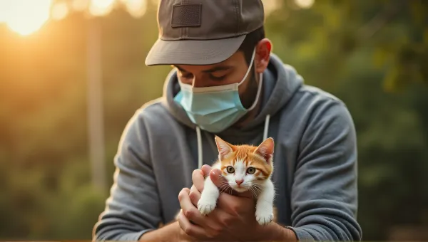 Man Cradling Cat With Protective Mask Outdoors