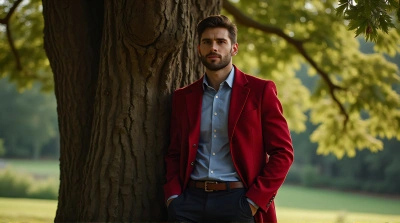 Man In Crimson Coat By Oak Tree With Soft Light