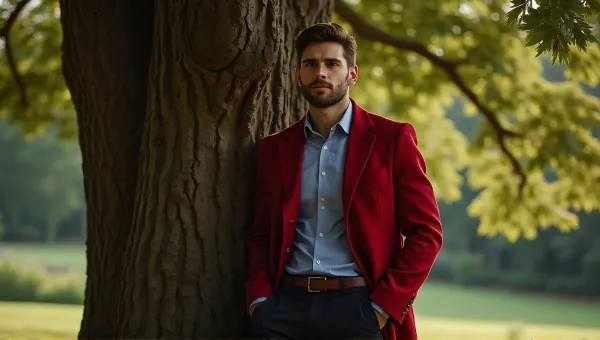 Man In Crimson Coat By Oak Tree With Soft Light