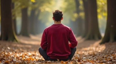 Man In Crimson Sweatshirt Relaxing Amid Quiet Trees