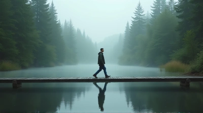 Man Crossing Misty River Wooden Footbridge
