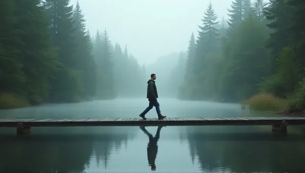Man Crossing Misty River Wooden Footbridge