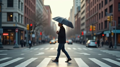 Man Crossing Pedestrian Crosswalk Holding Umbrella