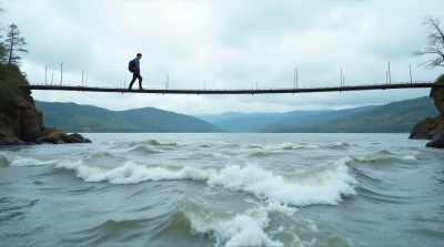 Man Crossing Suspension Bridge Over Water