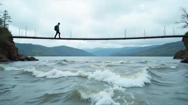 Man walking on a suspension bridge above a flowing river with hills and cloudy sky in the background.