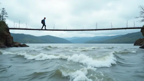 Man Crossing Suspension Bridge Over Water