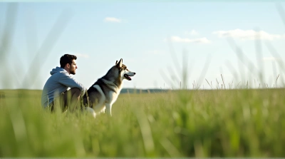 Man Crouching Next To Siberian Husky In Green Meadow