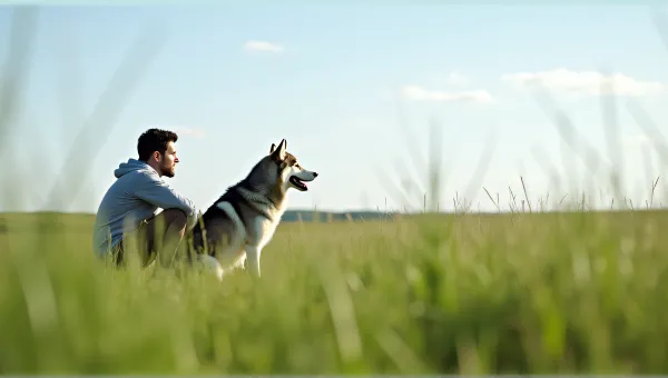 Man Crouching Next To Siberian Husky In Green Meadow