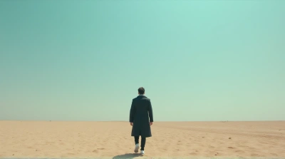 Man In Dark Coat On Textured Beige Ground