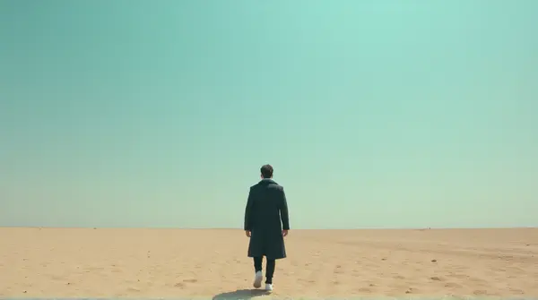 Man wearing dark coat on textured beige terrain with wide cerulean sky above, viewed from low angle.