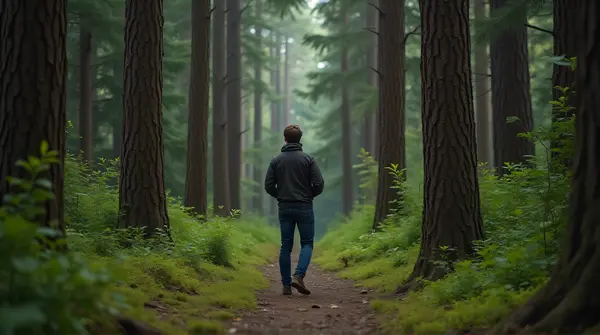 Man In Dense Woods Surrounded By Tall Trees