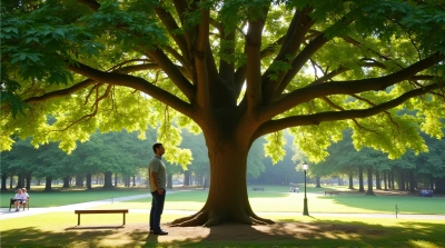Man Enjoying Vibrant Park With Leafy Tree Canopy