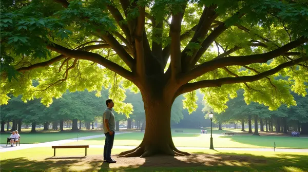Man sitting under a large leafy tree in a vibrant park with benches and pathways during midday