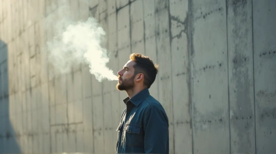 Man Exhaling Vapor Against Concrete Wall