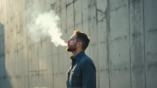 Man Exhaling Vapor Against Concrete Wall