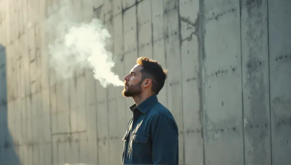 Man Exhaling Vapor Against Concrete Wall