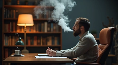 Man Exhaling Vapor at Wooden Desk with Books