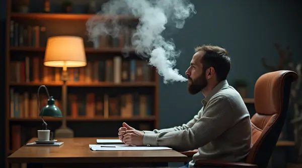 Man Exhaling Vapor at Wooden Desk with Books
