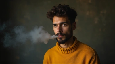 Man Exhaling Vapor Wearing Mustard Pullover