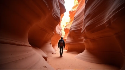 Man Exploring Narrow Red Rock Slot Canyon
