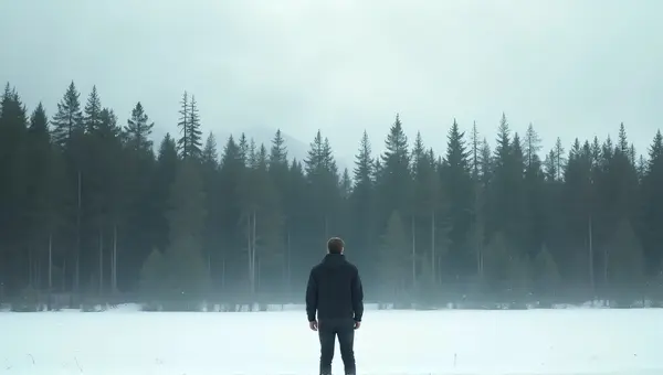 Man Facing Dense Evergreen Forest Under Cloudy Sky