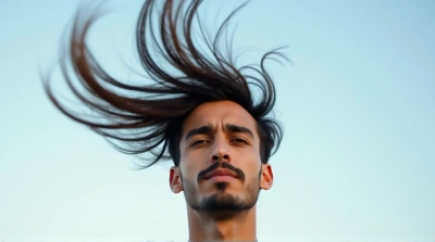 Man Flipping Hair Midair Clear Sky Background