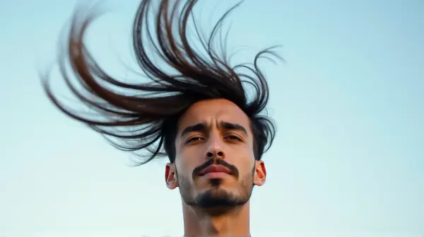 Man Flipping Hair Midair Clear Sky Background