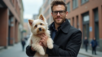 Man With Fluffy Dog In Urban Setting