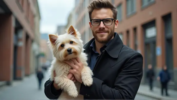 Man With Fluffy Dog In Urban Setting