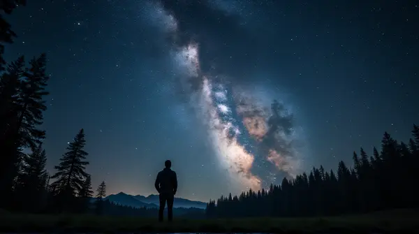 A man stands on a quiet plain looking up at the luminous Milky Way framed by silhouetted trees.
